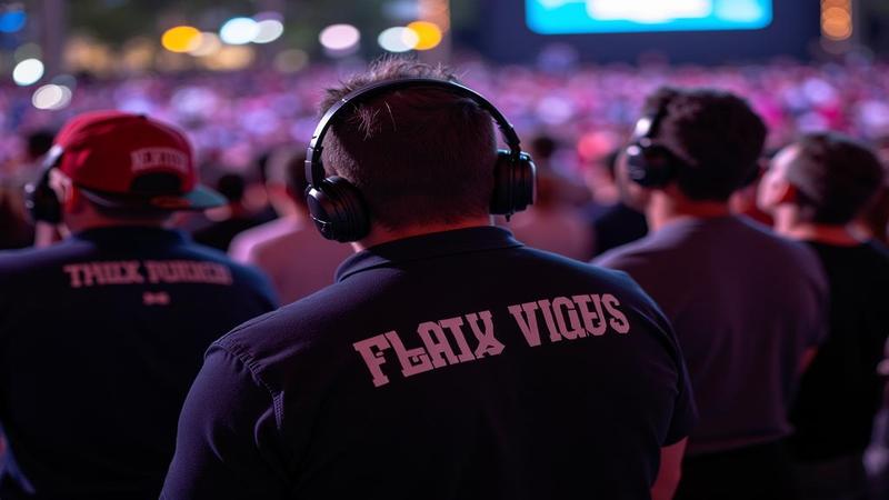 Fans wearing merch and oversized headphones gather for a vigil with tens of hovering notifications.