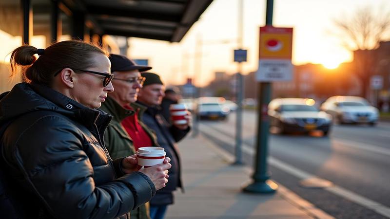 Residents clutch travel mugs at a bus stop, staring at a closed sign like it's a solar eclipse of espresso.