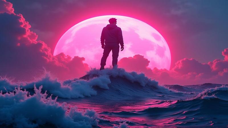 Neon-lit PlayStation silhouette breaching a polygon storm, GPU heat pipes glowing, journalists clutching spec sheets like tarot cards.