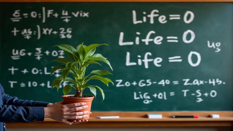 Chalkboard packed with equations declaring 'Life=0' as a biologist holds a thriving houseplant that blatantly photosynthesizes, defying the math with petty green spite.