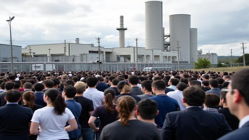 A tense crowd outside a nuclear plant gate as officials weigh reopening decisions under a ticking clock.