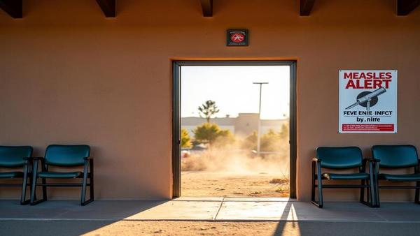 A rural Utah clinic entrance with a Measles Alert sign, empty waiting chairs, and a vaccination poster, sunlight slicing through dust like a dramatic PSA.