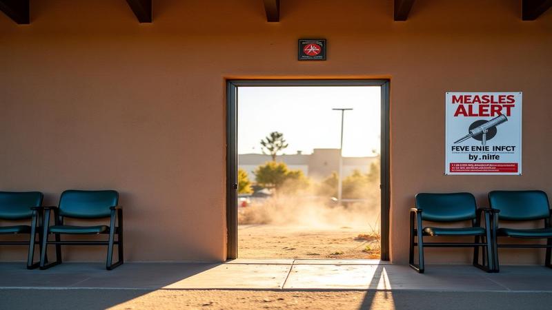 A rural Utah clinic entrance with a Measles Alert sign, empty waiting chairs, and a vaccination poster, sunlight slicing through dust like a dramatic PSA.