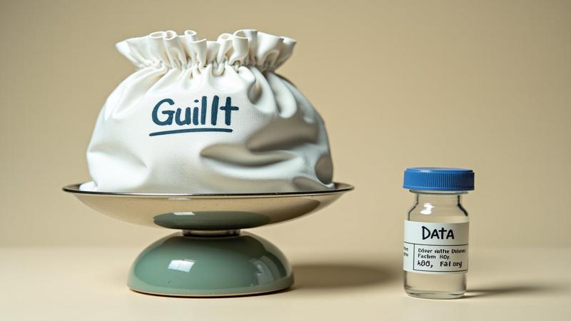 A diaper bag labeled 'Guilt' on a scale outweighing a small vial labeled 'Data' with a bored pediatrician looking on.