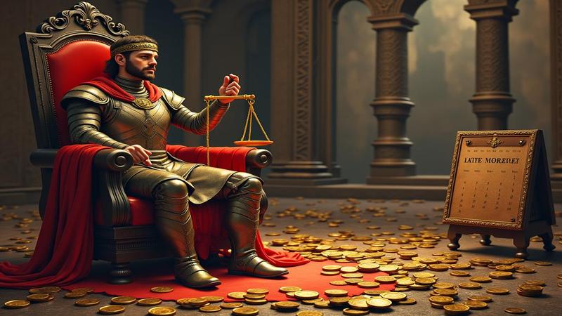 Medieval throne room littered with gaming hardware, a calendar stamped Delay, and a developer weighing a gold coin against a glowing conscience on scales.