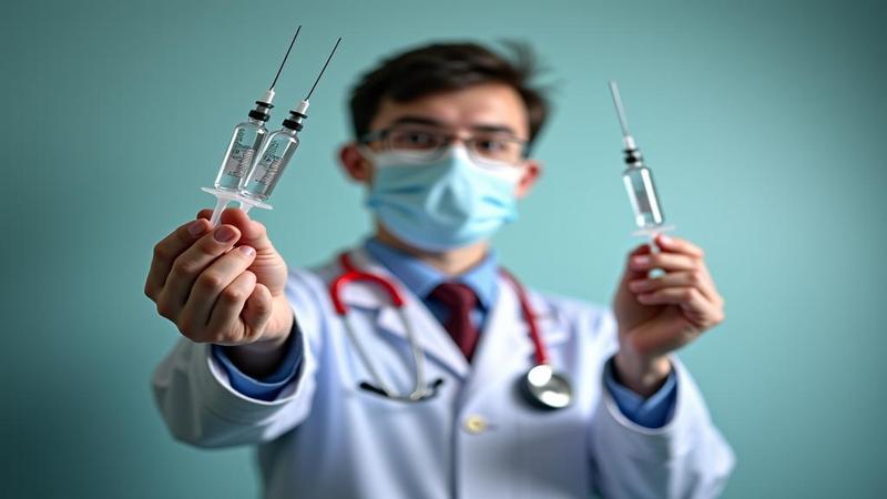 Doctor juggling three labeled syringes—Measles, Mumps, Rubella—like a chaotic boy-band reunion on a clinic stage.
