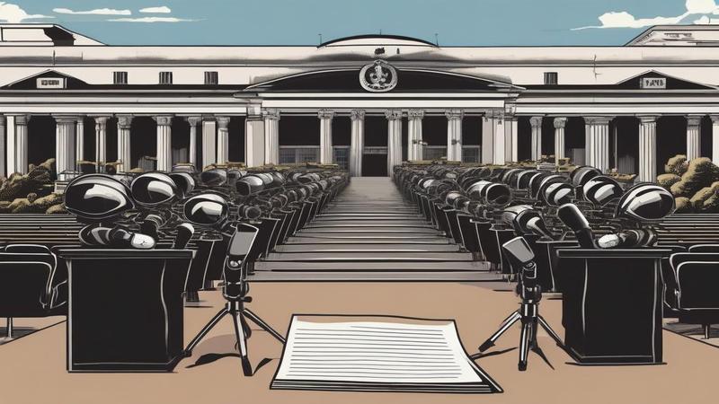 Press microphones at a podium wearing tiny helmets, while a government building hides behind an oversized legal pad.