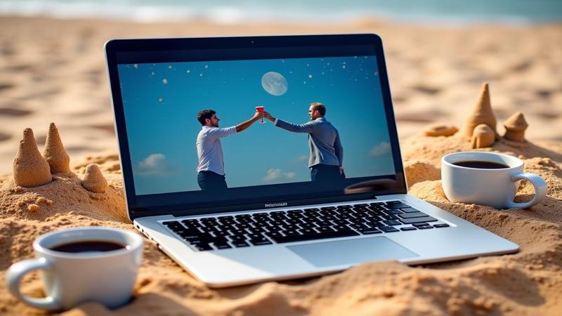 A modern laptop displaying the same projection, surrounded by sandcastles and coffee cups as officials toast data.
