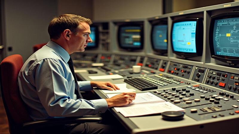 Radar console operator juggling manuals, tea, and a giant red 'Definitely Not This One' button.