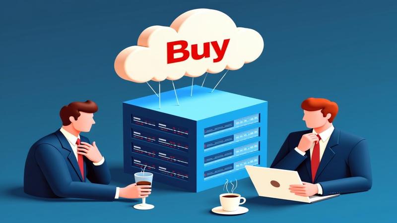 Graphic shows a glossy 'Buy' banner hovering above a data center, while investors sip coffee and ponder fate.