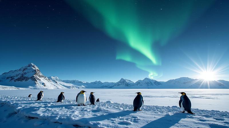 A streaking asteroid arcs above Antarctica’s ice, aurora curling behind, penguins unimpressed, telescopes shivering, and humanity trying to center it without losing fingers.