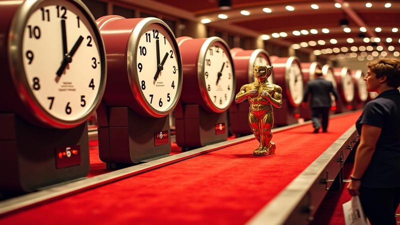 Red carpet shaped like a conveyor belt, celebrities riding it past giant clocks while interns hurl branded popcorn, as a judge’s gavel smacks a clapperboard.