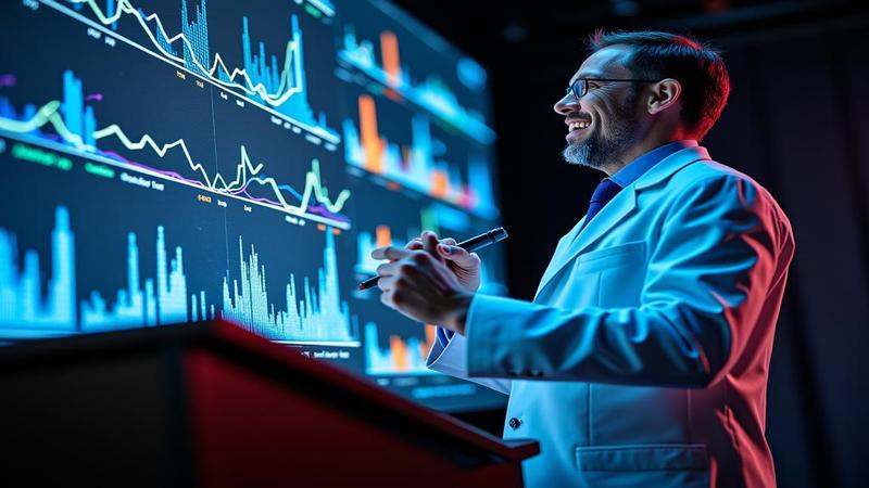 A jubilant scientist at a data-filled podium, chalking up charts that glow like neon rainbows.
