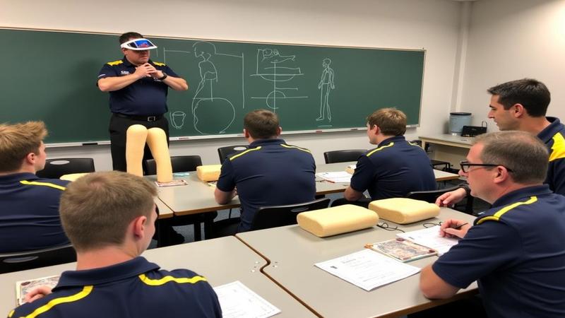 Officials in a classroom, practicing butt-spotting with foam mannequins and chalk diagrams of glute vectors, one ref wearing a comically oversized visor.