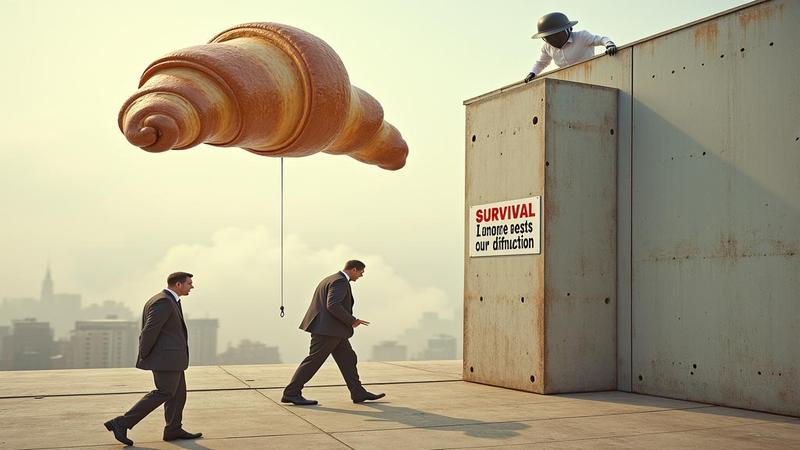 A solemn mime labeled 'Survival' pushes an invisible wall while bureaucrats measure panic; a hovering croissant looms like a strategic reserve.