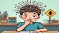 A kid in a classroom rubbing their throat, while a doodled circuit board overlays their head, suggesting synapses under construction with a cartoon 'Detour' sign.
