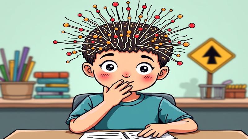 A kid in a classroom rubbing their throat, while a doodled circuit board overlays their head, suggesting synapses under construction with a cartoon 'Detour' sign.