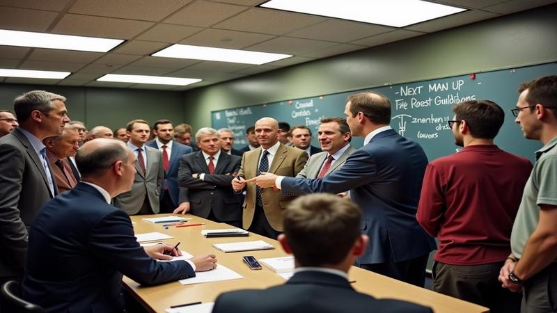 Secondary image captures a crowded press room, with reporters feverishly scribbling as a coach points to a chalkboard labeled 'Next Man Up.'