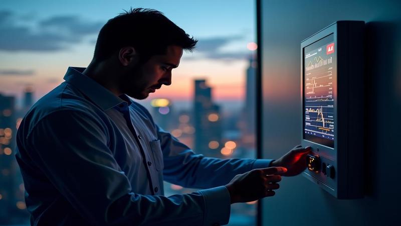 Technician adjusts a thermostat while a city skyline glows with rising rate indicators.