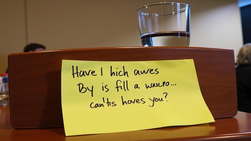 Conference podium, a sticky-note mantra, and a glass of water.