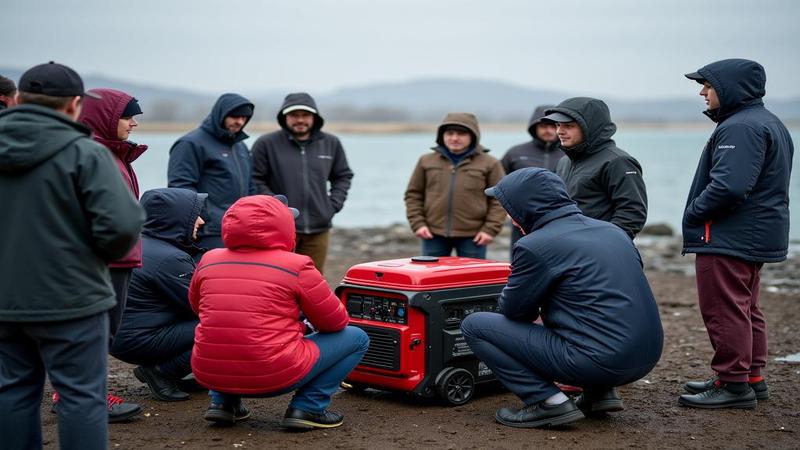 Locals cluster around a generator, waiting for a spark of supply in a sea of weather forecasts.