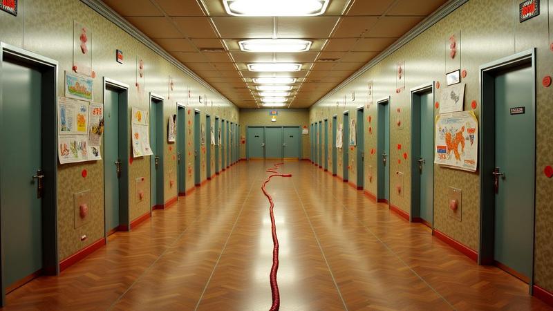 A Kremlin hallway of mirrors, a red phone cord looping forever, and a children's crayon drawing pinned between medals and maps.