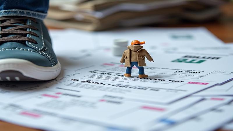 Close-up of a tiny sneaker tapping next to a crumpled guideline brochure titled 'Behavior First' buried under a mountain of prescription forms.