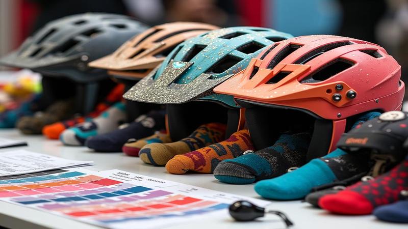 Close-up of muddied helmets, glittering visors, and clashing socks piled on a fashion judge’s table beside Pantone swatches and a whistle.
