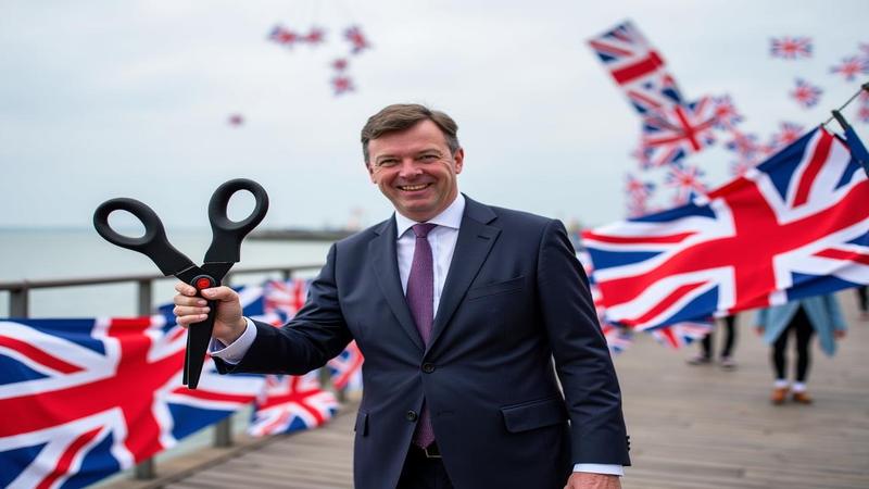 Nigel Farage with oversized scissors near a wobbly Union Jack bunting, seaside boardwalk winds whipping pamphlets into origami boats.