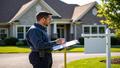 A stern official holding a clipboard outside a cul-de-sac, measuring a homeowner’s lawn sign with a tape measure like it’s a mortgage application.