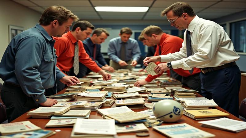 Front office staff sifting through a pile of discarded playbooks and helmets labeled 'waiver wire,' as a coach triumphantly holds a faded 'slightly used slot corner' tag.