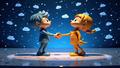 Siri and Gemini depicted as rivals on stage, a glossy stage backdrop filled with cloud icons and a single, awkward handshake.