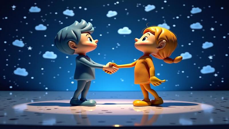Siri and Gemini depicted as rivals on stage, a glossy stage backdrop filled with cloud icons and a single, awkward handshake.