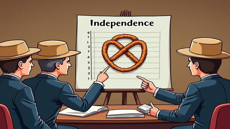 Senators at a hearing hold oversized cardboard hats while a witness points to a chart labeled “Independence” that loops into a pretzel.