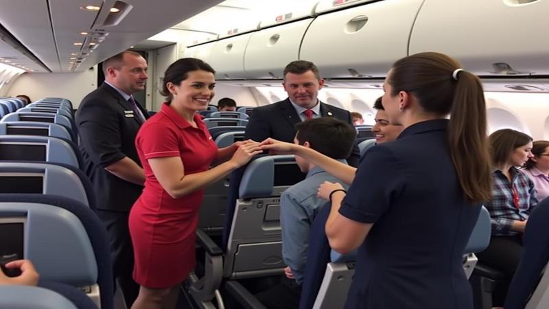 Flight attendants confer as passengers brace for the wardrobe verdict.