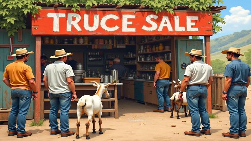 Village market reopening under a hand-painted 'Truce Sale' sign while people check synchronized wristwatches and a lone goat stares at a ticking kitchen timer.