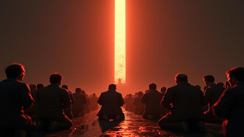 A solemn iPhone under a glowing progress bar monolith, users kneeling, chanting for battery salvation like a tech cult.