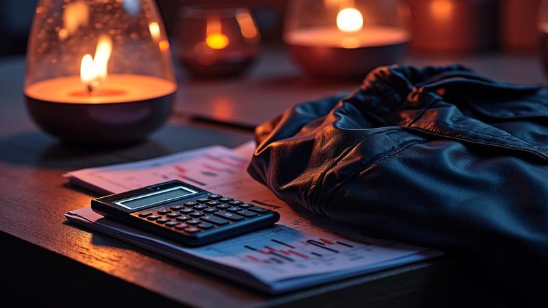 A leather jacket on a calculator beside neon stock charts, incense swirling around a spinning cooling fan altar.