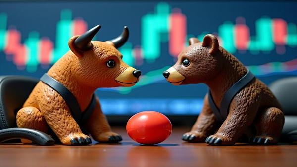 A bull and bear sharing a tiny stress ball on a trading floor while candlestick charts wear seatbelts.