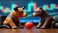 A bull and bear sharing a tiny stress ball on a trading floor while candlestick charts wear seatbelts.
