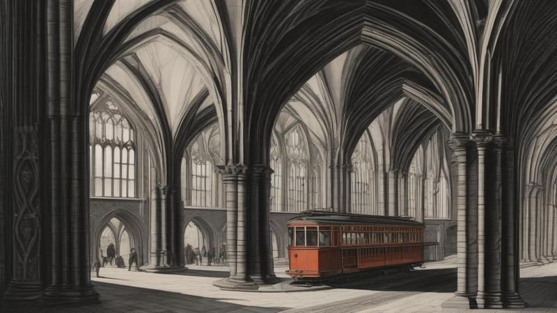 A solemn trolley of solvents and cotton swabs under neo-Gothic arches, preparing to gently erase a public embarrassment with museum-grade politeness.