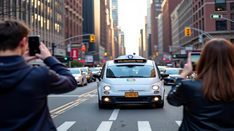 A Waymo self-driving taxi glides down a busy Manhattan street while bystanders photograph the moment with their phones.