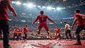 AJ Lee mid-skip toward the ring as stunned executives clutch scripts, confetti, and risk assessments under blinding arena lights.