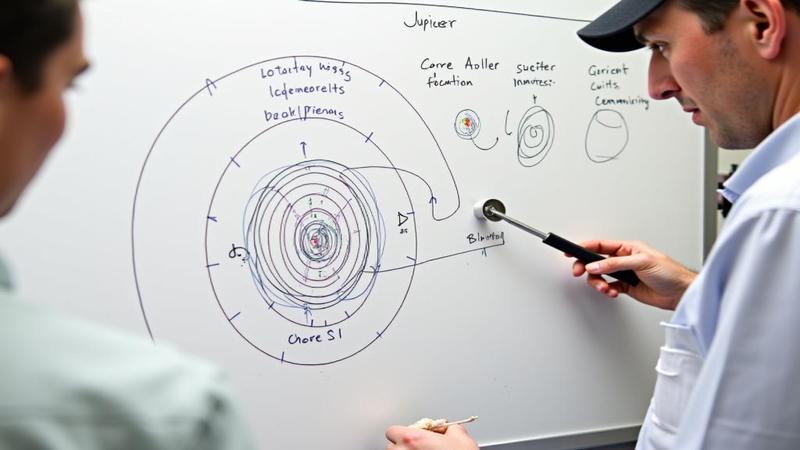 A Jupiter core model sits on a whiteboard, annotated by a lab tech wielding a pastry cutter.