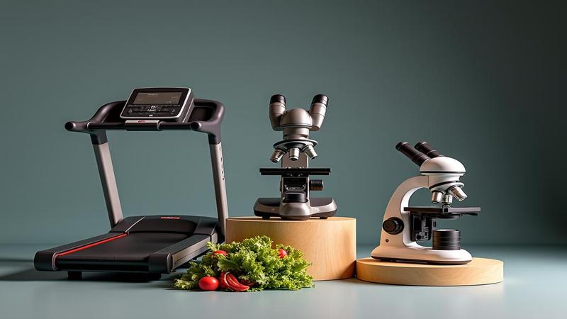 A treadmill, a salad, a sleep mask, and a microscope placed on a pedestal like Olympic medals, while a skeptical footnote lurks in the shadows.