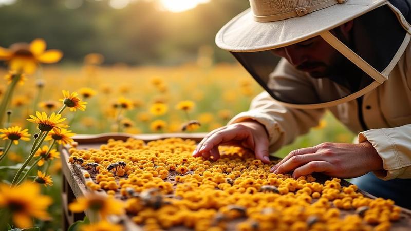 Secondary image depicts a beekeeper inspecting pollen samples as a yeast culture looms in the background.