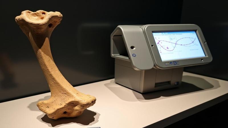 Museum display featuring a bone fragment alongside a high-tech DNA analyzer, captioned to highlight ancient genes meeting contemporary science.