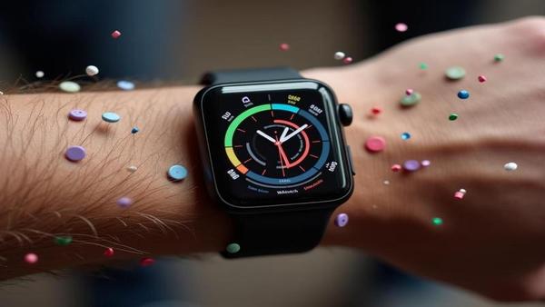 Close-up of an Apple Watch displaying a cartoon artery meter, showering confetti while the wearer nervously holds a salt shaker like contraband.