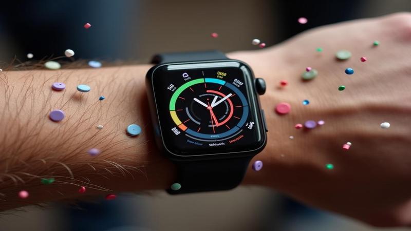 Close-up of an Apple Watch displaying a cartoon artery meter, showering confetti while the wearer nervously holds a salt shaker like contraband.