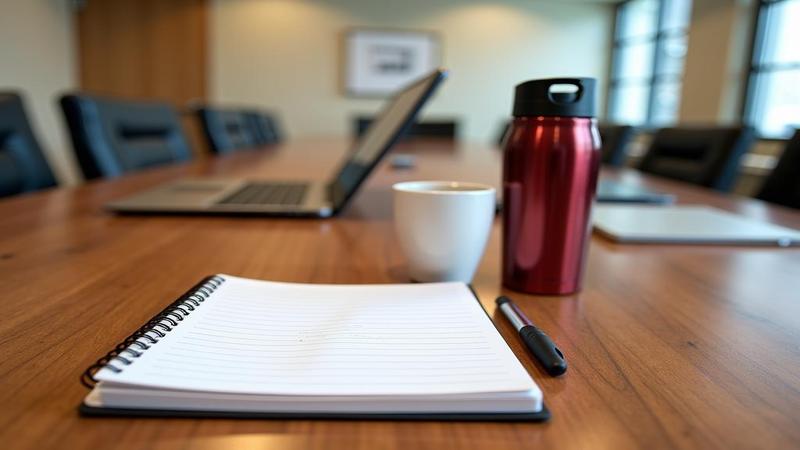 A notebook, laptops, and a thermos on a conference table, proof that diplomacy runs on caffeine and footnotes.